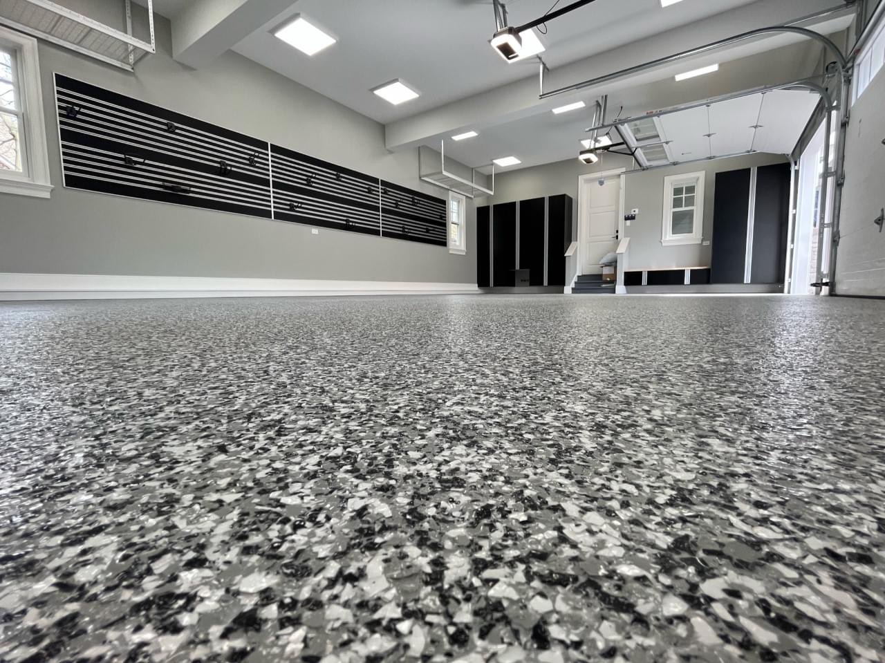 Decorative flake epoxy garage floor